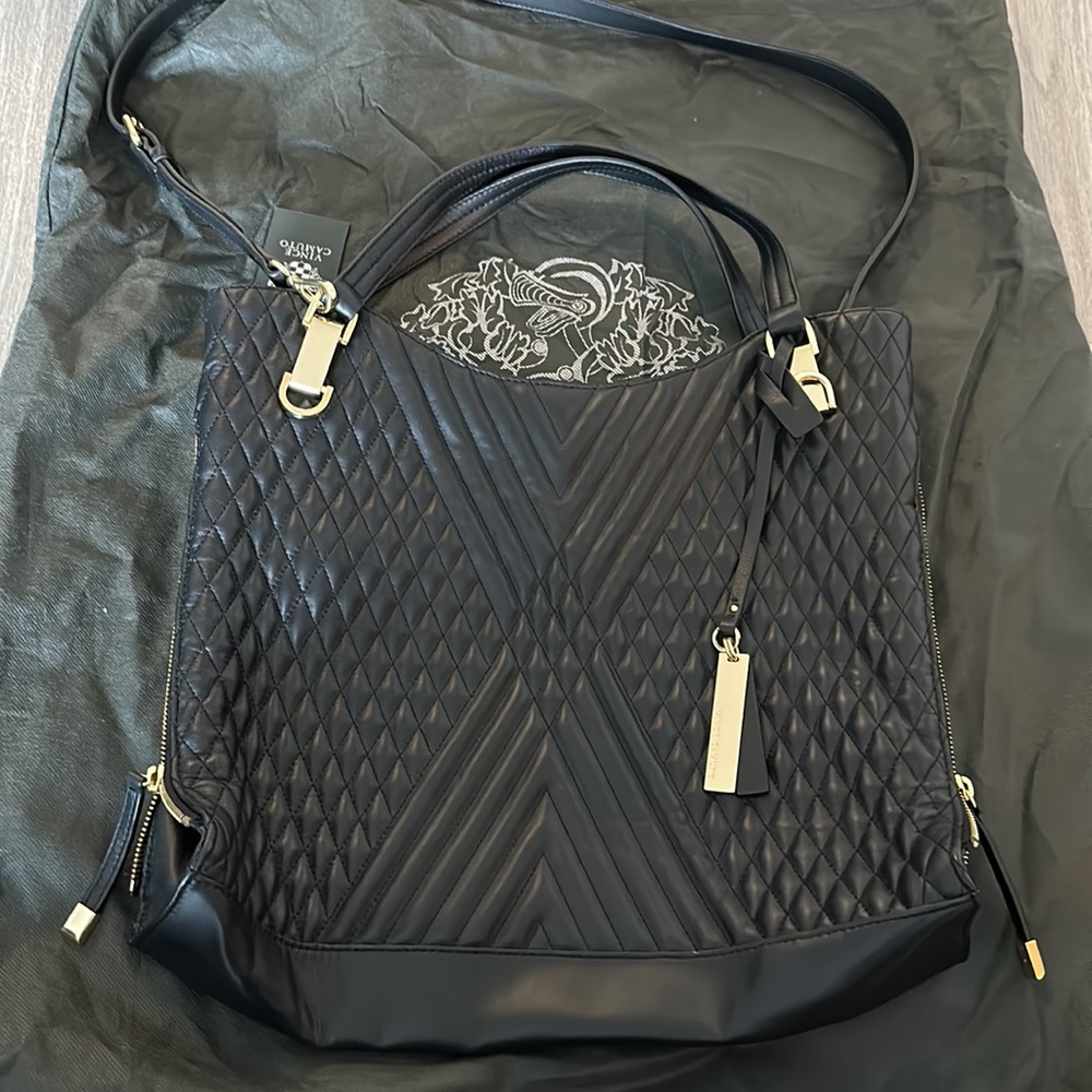 NWT Vince Camuto black tote gold zipper hardware short and long straps - Picture 4 of 6